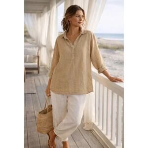 Sundance Roaming Free Pale Yellow 100% Linen Oversized Tunic M Coastal Travel